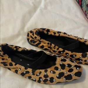 Leopard Leather with Silver Beads Ballerina Square Toed Flats